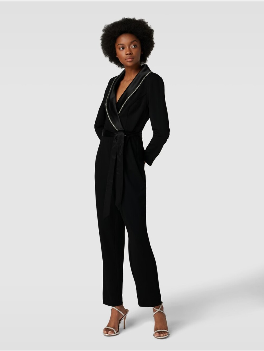 Adrianna Papell Women's Black Crystal Embellished Tuxedo Jumpsuit  Size 14